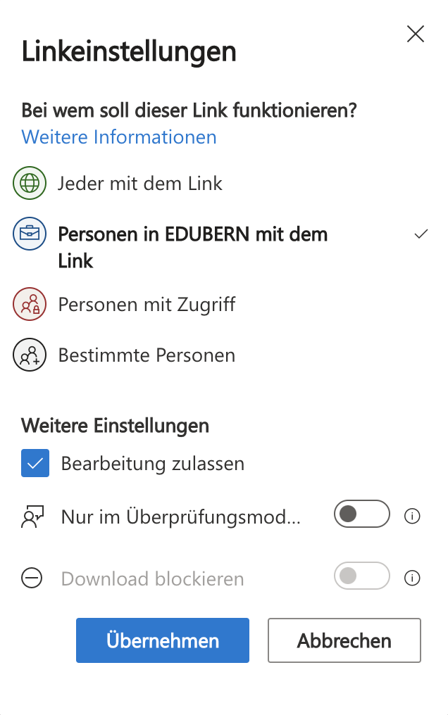 Linkeinstellungen für Ordner --width=300px